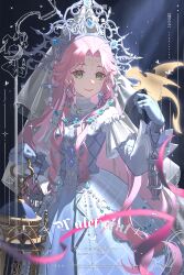  absurdres argyle_clothes argyle_dress behind_prayers_(infinity_nikki) black_background blue_dress blue_gemstone blue_gloves chinese_commentary commentary_request commission creature_on_hand crown cuffs dragon dress earrings eyelashes facial_mark forehead_mark gem gloves gown green_eyes happy highres holding holding_lantern infinity_nikki jewelry lantern layered_sleeves light_particles light_rays long_dress long_hair long_sleeves luran67595 multiple_rings nikki_(series) official_alternate_color parted_bangs pink_hair pleated_dress ring ring_on_every_finger sample_watermark shackles short_over_long_sleeves short_sleeves small_dragon too_many_watermarks turtleneck turtleneck_dress veil very_long_hair watermark wavy_hair white_sleeves white_veil 