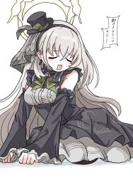  1girl black_dress black_hairband black_hat black_thighhighs blue_archive blush clenched_hands closed_eyes detached_sleeves dress embarrassed flower frilled_dress frilled_sleeves frills full_body green_flower green_ribbon green_rose grey_dress grey_hair hairband halo hands_on_floor hat hat_flower highres idol idol_clothes layered_dress long_hair lying mini_hat mini_top_hat official_alternate_costume on_floor open_mouth rectangular_mouth ribbon rose sakurako_(blue_archive) sakurako_(idol)_(blue_archive) sitting sleeveless sleeveless_dress solo speech_bubble tachikaze_miyako thigh-highs top_hat translation_request very_long_hair white_background yellow_halo yokozuwari 