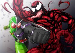  2boys absurdres arm_up armor battle black_armor black_background black_helmet blurry bodysuit carnage_(marvel) claws clenched_hands commentary compound_eyes cowboy_shot crossover depth_of_field doubledriver full_armor gaia_memory glass_shards gold_trim gradient_background green_armor green_helmet helmet highres kamen_rider kamen_rider_double kamen_rider_double_(cyclonejoker) kamen_rider_w knee_up looking_at_another male_focus marvel monster_boy motion_lines multicolored_armor multicolored_helmet multiple_boys muscular muscular_male open_mouth outstretched_arm parasite pectorals punching purple_trim red_bodysuit red_eyes rider_belt sharp_teeth shoulder_armor silver_trim spider-man_(series) symbiote takezuchi teeth tentacles tokusatsu toned toned_male tongue tongue_out two-tone_armor two-tone_background two-tone_helmet white_background 