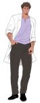  1boy ^_^ arm_hair balnom chest_hair closed_eyes dark-skinned_male dark_skin facial_hair full_body goatee highres labcoat looking_at_viewer male_focus mature_male original purple_shirt scar scar_on_face scar_on_nose shirt short_hair sleeves_rolled_up smile solo 
