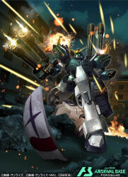  clown_mask commentary_request copyright_logo copyright_name copyright_notice firing firing_at_viewer gatling_gun gundam gundam_arsenal_base gundam_heavyarms_custom gundam_wing gundam_wing:_endless_waltz logo mask mecha mobile_suit no_humans robot tsubasansan v-fin 