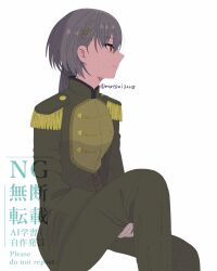  1girl absurdres alternate_costume black_jacket black_pants cho_toutoi_love closed_mouth epaulettes grey_hair hair_ornament highres invisible_chair jacket jellyfish_cut katsuragi_izumi knee_up link!_like!_love_live! long_hair long_sleeves love_live! matsui_ibuki orange_eyes pants prince profile sideways_mouth simple_background sitting smile solo triangle_hair_ornament twitter_username virtual_youtuber watermark white_background 