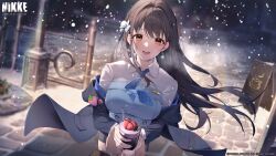  1boy 1girl absurdres black_hair breasts brown_hair collared_shirt commander_(nikke) commentary commentary_request diesel_(nikke) goddess_of_victory:_nikke highres jacket kanon_(sinto) large_breasts long_sleeves looking_at_viewer night open_mouth outdoors second-party_source shirt smile snow solo solo_focus standing white_shirt 