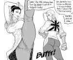  2girls absurdres ahoge ass bb_(baalbuddy) breasts cammy_white chun-li dimples_of_venus english_commentary english_text facing_away gauntlets greyscale highres leg_lift looking_back monochrome multiple_girls scar scar_on_cheek scar_on_face simple_background speech_bubble street_fighter street_fighter_6 union_jack white_background 