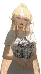  1girl alternate_costume blonde_hair breasts commentary cosplay dark-skinned_female dark_elf dark_skin elf gawr_gura hair_over_shoulder hashtag-only_commentary high_ponytail highres hololive large_breasts long_hair looking_at_viewer malvar mori_calliope multicolored_hair ninomae_ina'nis ninomae_ina'nis_(cosplay) ninomae_ina'nis_(loungewear) open_mouth pointy_ears ponytail print_shirt shiranui_flare shirt short_sleeves simple_background solo streaked_hair t-shirt takanashi_kiara teeth upper_teeth_only very_long_hair virtual_youtuber watson_amelia white_background white_hair white_shirt yellow_eyes 