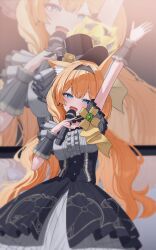  1girl absurdres animal_ear_fluff animal_ears arm_up black_hairband black_hat black_skirt blue_archive blue_eyes blush cat_ears cat_girl commentary earrings flower grey_ribbon grey_shirt hairband halo hat hat_feather hat_flower hat_ribbon highres holding holding_microphone idol implied_extra_ears jewelry long_hair looking_at_viewer low_twintails maji_(majidesu3) mari_(blue_archive) mari_(idol)_(blue_archive) microphone official_alternate_costume official_alternate_hairstyle open_mouth orange_hair petticoat ribbon shirt sidelocks skirt sleeveless sleeveless_shirt solo twintails wrist_cuffs yellow_flower yellow_halo 