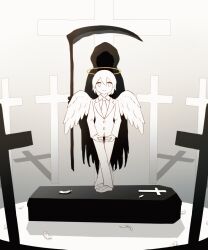  1boy 1other angel angel_wings animated animated_gif avogado6 ballet colored_skin commentary cross dancing death_(entity) feathered_wings feathers floating formal_clothes grave grim_reaper halo highres hood hopping looking_at_viewer looping_animation monochrome necktie original pants scythe shadow shoes smile spinning suit white_eyes white_feathers white_hair white_necktie white_pants white_shoes white_skin white_suit white_wings wings 
