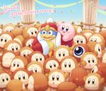  anniversary blue_skin blush closed_eyes coat colored_skin column confetti day gloves happy hat highres king_dedede kirby kirby&#039;s_dream_land kirby_(series) looking_to_the_side open_mouth pillar sky sweat sweatdrop text_focus tongue tr_gohan waddle_dee waddle_doo 