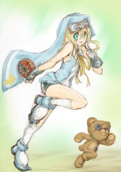  1boy :d ankle_boots arm_behind_back bare_arms bare_shoulders bike_shorts black_gloves black_shorts blonde_hair blue_boots blue_veil blue_vest boots bridget_(guilty_gear) button_eyes buttons cross cross_print dynamic_pose finger_to_mouth fingerless_gloves foot_up_heel_up fran_(tukihashi) from_side full_body gloves green_background green_eyes guilty_gear guilty_gear_xx guimpe hair_between_eyes hand_up holding holding_toy index_finger_raised kneehighs latin_cross long_sidelocks looking_at_viewer male_focus neck_ribbon nun open_mouth ribbon roger_(guilty_gear) running shirt shorts sidelocks sketch sleeveless sleeveless_shirt smile socks standing standing_on_one_leg stuffed_animal stuffed_toy teddy_bear tiptoes toy trap veil vest white_shirt white_socks white_trim yellow_ribbon yo-yo 