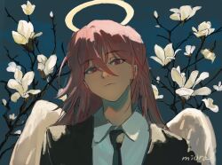  1boy androgynous angel_devil_(chainsaw_man) angel_wings black_jacket black_necktie chainsaw_man closed_mouth collared_shirt commentary_request flower frown hair_between_eyes halo highres jacket long_hair looking_at_viewer male_focus miuranoatsuko necktie open_clothes open_jacket plant red_eyes red_hair shirt signature solo suit_jacket white_flower white_shirt white_wings wing_collar wings 