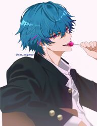  1boy alternate_costume arm_rest black_jacket blue_hair brant_(wuthering_waves) buttoned_cuffs buttons candy chair collared_jacket collared_shirt commentary earrings food gakuran highres holding holding_candy holding_food holding_lollipop jacket jewelry lollipop lollipop_in_mouth long_sleeves male_focus multicolored_hair piercing pink_eyes popped_collar sae_naiyatsu school_uniform shirt short_hair simple_background sitting smile solo streaked_hair stud_earrings teeth tongue twitter_username white_background white_shirt wing_collar wuthering_waves 