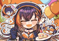  1girl ^_^ artist_name balloon beret black_gloves black_hair blonde_hair blue_hat bodysuit bow braid cake cake_slice closed_eyes commentary facing_viewer food fork gem gloves glowstick hair_between_eyes hashtag-only_commentary hat highres holding holding_fork holding_glowstick jewelry long_hair multicolored_hair natchan_blue_(nanairopenki) necklace nijisanji nijisanji_en nijisanji_idol_uniform official_alternate_costume official_alternate_hairstyle open_mouth orange_bow outline pentomo_(petra_gurin) petra_gurin saucer side_braid smile streaked_hair symbol-only_commentary twitter_username two-tone_hair virtual_youtuber white_bow white_outline 