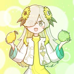  1girl :d commentary_request dress eyes_visible_through_hair flower food fruit green_background grey_eyes grey_hair hair_flower hair_ornament hair_over_one_eye hands_up heterochromia highres holding holding_food isekaijoucho kamitsubaki_studio lemon lemon_melon_cookie_(vocaloid) long_hair melon open_mouth red_eyes shrug_(clothing) smile solo t_masoppu two-tone_dress upper_body virtual_youtuber white_dress white_shrug yellow_background yellow_dress yellow_flower 