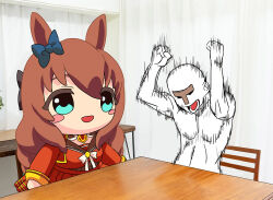  1boy :d blue_eyes blue_ribbon chair christmas commentary_request curtains doqute_stuffed_doll dress highres kazakoshi_nonta maruzensky_(racehorse) maruzensky_(umamusume) real_life_insert red_dress ribbon screaming smile stuffed_toy t-head_trainer_(umamusume) table trainer_(umamusume) umamusume 