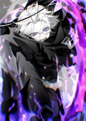  1boy absurdres aotsuki_eito belt black_cloak black_halo black_jacket blue_eyes chinese_commentary chromatic_aberration cloak commentary_request evil_grin evil_smile eyeshadow fire gakuran glasses grey_hair grin halo highres holding holding_scythe jacket last_defense_academy_school_uniform looking_down makeup male_focus open_mouth purple_fire red_eyeshadow school_uniform scythe short_hair skgwyu smile solo spoilers the_hundred_line_-last_defense_academy- violet_eyes white_belt 