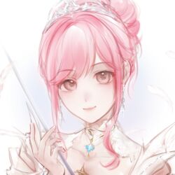  1girl absurdres blue_background brown_eyes chinese_commentary closed_mouth clothing_cutout collar collarbone commentary_request detached_collar dot_nose dress earrings eyelashes feather_earrings feathers glint hair_bun hair_intakes happy highres holding holding_sword holding_weapon infinity_nikki jewelry lace_collar light_blush lips melody_bloom_(infinity_nikki) nikki_(nikki) nikki_(series) pink_hair pink_lips short_hair_with_long_locks shoulder_cutout sidelocks single_hair_bun smile solo swept_bangs sword tiara tongli59580 two-tone_background updo upper_body wavy_hair weapon white_background white_collar white_dress 