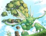  absurdres alternate_color closed_mouth clouds cutting dated day falling_leaves from_below grass highres katkichi leaf log lurantis no_humans outdoors pokemon pokemon_(creature) scyther shiny_pokemon signature sky smile tree 