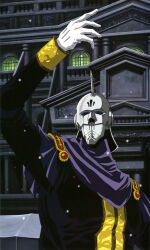  absurdres arm_up artist_request carozzo_ronah combat_helmet cosmo_babylonia crossbone_vanguard gloves gundam gundam_f91 gundam_perfect_file helmet highres mask military_rank_insignia military_uniform official_art palace promotional_art scan scene_reference science_fiction snowing solo traditional_media upper_body white_gloves window 