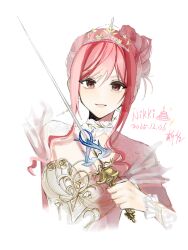  1girl armor birthday birthday_cake breastplate brown_eyes cake character_name chinese_commentary closed_mouth collar collarbone commentary_request cropped_torso dated detached_collar dot_nose dress earrings expressionless food frilled_arm_warmers gold_tiara hair_between_eyes hair_bun highres holding holding_sword holding_weapon infinity_nikki jewelry lace_collar light_blush light_smile lips long_sidelocks looking_at_viewer melody_bloom_(infinity_nikki) moailaozi037 nikki_(nikki) nikki_(series) off-shoulder_dress off_shoulder pink_hair pink_lips rapier short_hair_with_long_locks short_sleeves sidelocks signature simple_background single_side_bun solo swept_bangs sword updo wavy_hair weapon white_arm_warmers white_background white_collar white_dress 