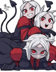  3girls :d absurdres animal_ears black_gloves black_necktie black_pants black_vest bone_nigi cerberus_(helltaker) dated demon_tail dog_ears dog_girl gloves grin helltaker highres long_hair long_sleeves looking_at_viewer multiple_girls necktie open_mouth pants parted_bangs red_eyes red_shirt shirt siblings simple_background sisters smile tail teeth triplets upper_teeth_only vest white_background white_hair wing_collar 