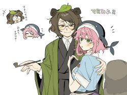  +++ 2girls :3 animal_ears apron black_kimono blue_shirt blush breasts brown_hair coat collared_shirt colored_eyelashes commentary fingernails flying_sweatdrops futatsuiwa_mamizou green_coat green_eyes hand_on_another's_back japanese_clothes kimono large_breasts long_sleeves multiple_girls notice_lines okunoda_miyoi parted_lips pink_hair raccoon_ears raccoon_girl raccoon_tail round_eyewear sakic43899 shirt short_hair short_sleeves symbol-only_commentary tail touhou translation_request whale_hat white_background white_shirt 