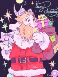 1boy arms_up asgore_dreemurr beard belt belt_buckle black_background black_belt black_eyes blonde_hair buckle christmas christmas_ornaments coat commentary english_commentary facial_hair full_beard fur-trimmed_coat fur-trimmed_collar fur-trimmed_sleeves fur_trim furry furry_male gift goat_horns hellow_society holding holding_sack horns long_sleeves looking_to_the_side male_focus merry_christmas parted_hair red_coat sack santa_costume solo undertale utdr_(toby_fox) 
