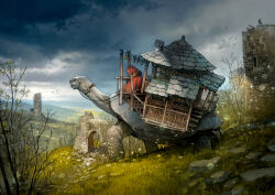  1other animal arch bare_tree bird book bookshelf bridle cloak clouds cloudy_sky commentary_request dandelion_seed flock fur-trimmed_cloak fur_trim grass grasslands highres hill holding holding_reins house island_turtle original outdoors overgrown oversized_animal path railing red_cloak red_hood reins ruins sky stairs string_of_flags tortoise tower tree turtle wooden_porch yoshida_seiji 