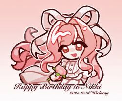  1girl artist_name bib_collar brown_eyes buttons character_name chibi chinese_commentary commentary_request dated dress english_text eyes_visible_through_hair floating_clothes floating_hair flower frilled_dress frills gradient_background hair_intakes hair_ribbon happy happy_birthday holding holding_flower juliet_sleeves large_ribbon long_dress long_hair long_sidelocks long_sleeves nikki_(nikki) nikki_(series) open_mouth outline pink_background pink_flower pink_hair pink_rose pleated_dress puffy_sleeves ribbon rose sidelocks simple_background smile solo tareme very_long_hair wavy_hair white_dress white_outline white_ribbon wielacay wind 