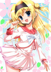  1girl :d absurdres black_hairband blonde_hair blue_background blue_eyes blush border bow bowtie chitose_sana collarbone commentary cowboy_shot double_bun eyes_visible_through_hair floating_hair floral_background hair_between_eyes hair_bun hair_intakes hairband hand_up happy head_tilt high-waist_skirt highres long_hair long_sleeves looking_at_viewer miniskirt open_mouth outline outside_border pink_serafuku pink_shirt pink_skirt pleated_skirt red_sailor_collar sailor_collar school_uniform serafuku shirt simple_background skirt smile solo sukonbu385 tenshinranman two_side_up watermark white_border white_bow white_bowtie white_outline 
