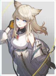  1girl absurdres animal_ears arknights arknights:_endfield bare_shoulders black_gloves blue_eyes breasts commentary dress gloves highres jacket kino_(m6t2a) long_hair looking_at_viewer medium_breasts off_shoulder open_clothes open_jacket perlica_(arknights) sleeveless solo white_dress 