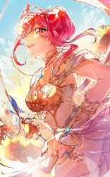  1girl absurdres bare_shoulders blue_sky brown_eyes chinese_commentary clouds collar commentary_request cowboy_shot detached_collar dress earrings eyelashes eyeshadow fang feather-trimmed_dress field flower flower_field frilled_arm_warmers hair_bun happy highres holding holding_sword holding_weapon infinity_nikki jewelry light_particles looking_at_viewer makeup melody_bloom_(infinity_nikki) nikki_(nikki) nikki_(series) off-shoulder_dress off_shoulder open_mouth outdoors outline pink_eyeshadow pink_hair pleated_dress pointy_nose rapier short_hair_with_long_locks short_sleeves sidelocks single_hair_bun sky smile solo standing sunflower sunflower_field sunrise sword teeth tiara updo upper_teeth_only wavy_hair weapon white_arm_warmers white_collar white_dress white_outline yellow_flower zhaozhaobai 