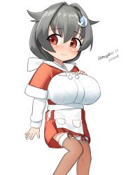  1girl absurdres aged_down apron breasts brown_thighhighs capelet commentary_request fur-trimmed_capelet fur-trimmed_thighhighs fur_trim grey_hair hair_flaps hair_ornament highres jingei_(christmas)_(kancolle) jingei_(kancolle) kantai_collection large_breasts long_hair looking_at_viewer maru_(marg0613) one-hour_drawing_challenge oppai_loli red_capelet red_eyes simple_background solo thigh-highs twitter_username whale_hair_ornament white_apron white_background 