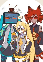  3boys akita_neru akita_neru_(cosplay) alastor_(hazbin_hotel) animal_ears aqua_hair bare_shoulders black_hands black_sleeves blonde_hair blue_teeth blush_stickers cellphone circle_facial_mark collared_shirt colored_extremities colored_sclera colored_skin colored_teeth cosplay deer_boy deer_ears demon_boy detached_sleeves drill_hair hair_between_eyes hashtag-only_commentary hat hatsune_miku hatsune_miku_(cosplay) hazbin_hotel hellaverse highres holding holding_phone kasane_teto kasane_teto_(cosplay) long_hair lucifer_morningstar_(hazbin_hotel) male_focus mini_hat mini_top_hat monocle multiple_boys necktie object_head phone red_eyes red_hair red_sclera red_trim sharp_teeth shirt short_hair side_ponytail simple_background skirt smile spring_onion teeth television tianjie_wutong_shu tie_clip top_hat triple_baka_(vocaloid) twin_drills twintails utau very_long_hair vocaloid vox_(hazbin_hotel) white_background wi-fi_symbol yellow_necktie yellow_sclera yellow_trim 