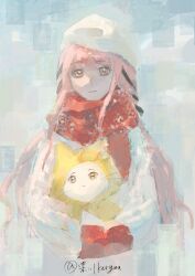  1girl :< absurdres ahoge animal beanie black_bow black_ribbon blue_background blunt_bangs bow brown_eyes cat chinese_commentary cloak closed_mouth clothed_animal commentary_request cowboy_shot dot_nose ear_covers expressionless eyelashes frown hair_bow hair_ribbon happy hat highres holding holding_animal holding_cat hood hood_up hooded_cloak infinity_nikki light_smile long_hair long_sidelocks long_sleeves low_twintails mittens momo_(nikki) nikki_(nikki) nikki_(series) pink_hair puffy_long_sleeves puffy_sleeves red_mittens red_scarf ribbon scarf sidelocks sketch snow standing straight-on sweater tress_ribbon twintails very_long_hair vikiyas wavy_hair whiskers white_cat white_hat white_sweater winter_clothes yellow_cloak 