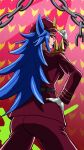 ass belt blue_hair chains hat heart_background hyakushiki_momoko long_hair nanbaka pink_background red_eyes red_suit spikes spiky_hair suit white_gloves