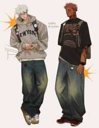  2boys absurdres against_railing alternate_costume alternate_skin_color animal_charm arm_tattoo backpack badge bag baggy_pants band_shirt bead_bracelet beads belt_charm black_bag black_shirt blue_eyes bracelet button_badge cat_charm character_badge charm_(object) chiikawa_(character) closed_mouth clothes_writing commentary crossed_ankles cyber_sigilism denim english_commentary eyebrow_cut face_piercing facial_tattoo full_body glasses gojou_satoru grey_bag grey_hoodie hachiware_(chiikawa) hair_between_eyes hand_in_pocket highres hood hoodie jeans jewelry jujutsu_kaisen koromon labret_piercing looking_at_another looking_to_the_side merchandise mouth_piercing multiple_boys neck_tattoo nose_piercing obituary_(band) oversized_clothes oversized_shirt pants piercing pink_floyd pink_hair piyomon plug_(piercing) print_shirt railing red_eyes red_shoes ryoumen_sukuna_(jujutsu_kaisen) shirt shoes short_hair sneakers sonic_the_hedgehog standing streetwear sweatdrop t-shirt tan tattoo text_print to_0fu tumblr_username watch watch white_background white_hair white_shirt white_shoes y2k_fashion yagami_hikari yagami_taichi 