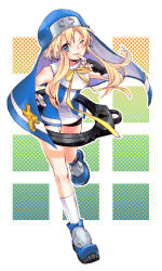  1boy ankle_boots bare_shoulders bike_shorts black_gloves black_shorts blonde_hair blue_boots blue_eyes blue_veil blue_vest blush boots border bridget_(guilty_gear) closed_mouth cross cross_print dotted_background finger_to_mouth fingerless_gloves floating_clothes floating_hair foot_up_heel_up full_body gloves gradient_background guilty_gear guilty_gear_xx guimpe hair_between_eyes hand_on_own_hip invisible_floor kneehighs kuro_(nao_krd) long_sidelocks looking_at_viewer male_focus mars_symbol neck_ribbon nun object_belt on_floor one_eye_closed outline outside_border print_wrist_cuffs ribbon shirt short_hair short_hair_with_long_locks shorts sidelocks sleeveless sleeveless_shirt smile socks solo standing standing_on_one_leg trap two-sided_veil veil vest white_border white_outline white_shirt white_socks white_trim white_wrist_cuffs wrist_cuffs yellow_ribbon 
