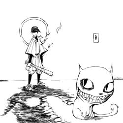  1boy add-on_(off) alternate_form bad_batter bags_under_eyes baseball_bat baseball_cap baseball_uniform cat commentary different_shadow english_commentary genc greyscale hat holding holding_baseball_bat holding_weapon light_switch long_sleeves looking_back male_focus monochrome off_(game) open_mouth pants shoes short_sleeves sideways_glance spoilers sportswear standing striped_clothes the_batter_(off) the_judge_(off) vertical-striped_clothes weapon white_background 