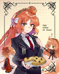  3girls absurdres ahiruuyew animalization armor belt black_armor black_belt black_jacket black_pants black_vest bow brown_hairband character_name chibi chibi_inset closed_mouth collared_shirt commentary dated english_commentary family_hierarch_candidate_(identity)_(project_moon) food green_eyes hair_bow hairband happy_birthday highres ishmael_(project_moon) jacket lapels limbus_company long_hair multiple_girls multiple_persona necktie notched_lapels octopus orange_hair pants pie project_moon r_corp._(identity)_(project_moon) red_necktie rope shirt sidelocks smile stargazy_pie upper_body very_long_hair vest white_bow white_shirt wing_collar 