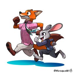  1boy 1girl absurdres animal_ear_fluff animal_ears animal_nose barefoot belt belt_buckle black_pants blue_belt blue_jacket blue_shirt body_fur buckle clenched_hands clenched_teeth collared_shirt commentary_request floral_print floral_print_necktie fox_boy fox_ears from_side furry furry_female furry_male green_eyes green_necktie grey_fur grey_pants happy hawaiian_shirt highres jacket judy_hopps leaf_print leg_up long_sleeves necktie nick_wilde open_mouth orange_fur pants pink_shirt print_necktie print_shirt rabbit_ears rabbit_girl rabbit_tail running sharp_teeth shirt short_sleeves signature simple_background smile tail teeth twitter_username untucked_shirt upper_teeth_only violet_eyes watagashikn white_background zootopia 