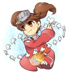  1girl blush brown_eyes brown_hair commentary_request cropped_torso floating_hair grey_hat hat highres holding japanese_clothes kantai_collection kariginu long_hair long_sleeves ohagi_(iihatobu05) onmyouji ryuujou_(kancolle) shikigami simple_background smile solo twintails upper_body visor_cap 