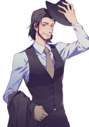  1boy absurdres arm_up asam belt_buckle black_hair black_hat black_pants black_vest blue_shirt brown_eyes buckle buttons closed_mouth collared_shirt commentary_request cowboy_shot dress_pants facial_hair fedora formal_clothes goatee hair_slicked_back halftone hat hat_tip highres holding holding_jacket holding_unworn_clothes jacket jigen_daisuke long_sleeves lupin_iii male_focus mustache_stubble necktie pants polka_dot_necktie shirt short_hair sideburns simple_background smile solo stubble unworn_jacket vest waistcoat white_background wing_collar yellow_necktie 