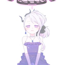  1girl :d alternate_costume bare_shoulders bead_necklace beads black_halo black_horns black_ribbon blue_archive blush breasts collarbone crescent_print demon_girl demon_horns dress earrings elbow_gloves evening_gown fluffy_hair gloves hair_between_eyes hair_ribbon halo highres hina_(blue_archive) hina_(dress)_(blue_archive) horns jewelry long_hair looking_at_viewer low_wings multicolored_halo multiple_horns necklace official_alternate_costume official_alternate_hairstyle ponytail print_dress purple_dress purple_gloves purple_halo ribbon sidelocks simple_background single_earring small_breasts smile solo starry_sky_print strapless strapless_dress takahisayuki two-tone_halo upper_body violet_eyes white_background white_hair wings 
