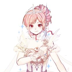  1girl armor breastplate brown_eyes chinese_commentary closed_mouth clothing_cutout collar collarbone commentary_request detached_collar dot_nose dress eyelashes floating_hair frilled_arm_warmers hair_bun happy highres holding holding_sword holding_weapon infinity_nikki lace_collar light_blush lips looking_at_viewer melody_bloom_(infinity_nikki) nikki_(nikki) nikki_(series) pink_hair rapier see-through_clothes see-through_collar see-through_sleeves short_hair_with_long_locks short_sleeves shoulder_cutout sidelocks simple_background single_hair_bun smile solo sparkle sword tiara updo upper_body wavy_hair weapon white_arm_warmers white_background white_collar white_dress wind zhenzi_jiang 