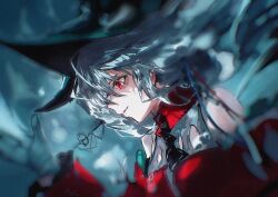  1girl absurdres angelfish aqua_gloves aqua_hat arknights ascot bare_shoulders black_ascot blurry_edges breasts commentary_request detached_sleeves dress film_grain fish floating_hair gloves grey_hair hair_between_eyes hair_ribbon hat highres long_hair long_sleeves medium_breasts off-shoulder_dress off_shoulder official_alternate_costume parted_lips profile red_dress red_eyes red_sleeves ribbon skadi_(arknights) skadi_the_corrupting_heart_(arknights) solo sudadachi tropical_fish upper_body very_long_hair 