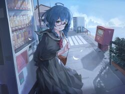  1girl ahoge alternate_uniform bag black_sailor_collar black_shirt black_skirt blue_eyes blue_hair braid commentary glasses handbag highres khxv3747 long_skirt long_sleeves looking_at_viewer make_heroine_ga_oo_sugiru! medium_hair ocean open_mouth postbox_(outgoing_mail) round_eyewear sailor_collar school_uniform shirt skirt solo twin_braids vending_machine yanami_anna 