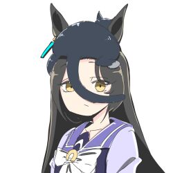  1girl animal_ears animal_on_head bow bowtie cat cat_on_head closed_mouth collarbone ear_tag earrings highres horse_ears horse_girl jewelry long_hair long_sleeves looking_at_viewer manhattan_cafe_(umamusume) on_head otomodachi_(kuriuni0) photo-referenced purple_sailor_collar purple_serafuku purple_shirt sailor_collar sailor_shirt school_uniform serafuku shirt simple_background tracen_school_uniform umamusume upper_body white_background white_bow white_bowtie yellow_eyes 