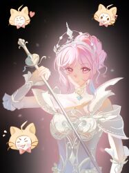  1girl absurdres animal armor backlighting bare_shoulders black_background breastplate cat chinese_commentary closed_mouth clothed_animal clothing_cutout collar collarbone commentary_request detached_collar dress earrings eyelashes frilled_arm_warmers hair_bun head_only high_collar highres holding holding_sword holding_weapon infinity_nikki jewelry lace_collar light_blush lips melody_bloom_(infinity_nikki) momo_(nikki) nikki_(nikki) nikki_(series) pink_eyes pink_hair rapier see-through_collar short_hair short_hair_with_long_locks short_sleeves shoulder_cutout shuiguo_wushi sidelocks single_hair_bun smile solo sword tiara updo upper_body variant_set wavy_hair weapon white_arm_warmers white_cat white_collar white_dress 