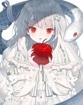  1girl apple bangs blush dress eyebrows_visible_through_hair food fruit hair_ornament heart heart_hair_ornament highres holding holding_food holding_fruit karohroka long_hair long_sleeves looking_at_viewer original parted_lips red_eyes snake solo upper_body white_dress white_hair 