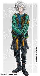  1boy antenna_hair belt belt_buckle black_boots black_jacket black_pants blue_sweater boots border braid buckle chain chain_necklace closed_mouth cloud_print commentary_request copyright_notice crew_neck crossed_bangs earrings full_body green_eyes green_jacket grey_background hair_between_eyes hanafuda_earrings heterochromia jacket jewelry koujisako lace-up_boots long_sleeves looking_at_viewer male_focus multicolored_jacket murakumo_kagetsu necklace nijisanji official_art open_clothes open_jacket orange_belt outside_border own_hands_together pants pants_tucked_in sample_watermark short_hair side_braid simple_background single_earring sleeves_past_wrists smile solo standing straight-on sukajan sweater twitter_username two-tone_jacket violet_eyes virtual_youtuber watermark white_border white_hair xiangyun zipper 